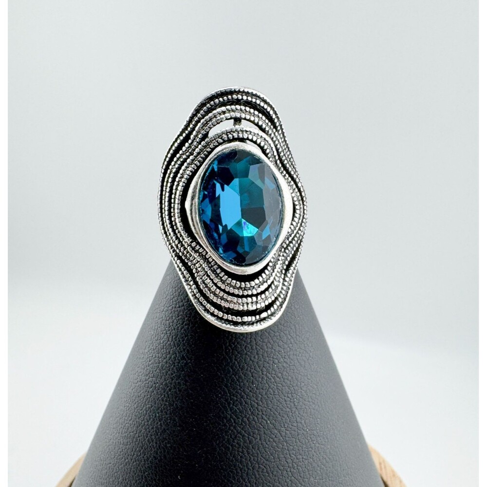 Vintage Blue Oval Silver Tone Ring Rhinestone Art Deco Statement Deadstock Wave